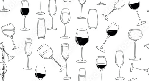 Wine glass sketch collection with different drinkware styles hand drawn line art isolated on white background for bar menu design and beverage illustration