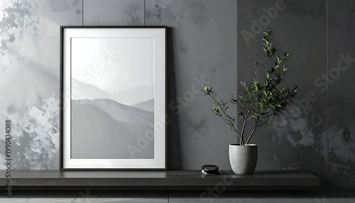 Vertical Black Picture Frame Mockup Leaning On Dark Shelf With Potted Plant Against Textured Grey Industrial Wall In A Minimalist Modern Interior