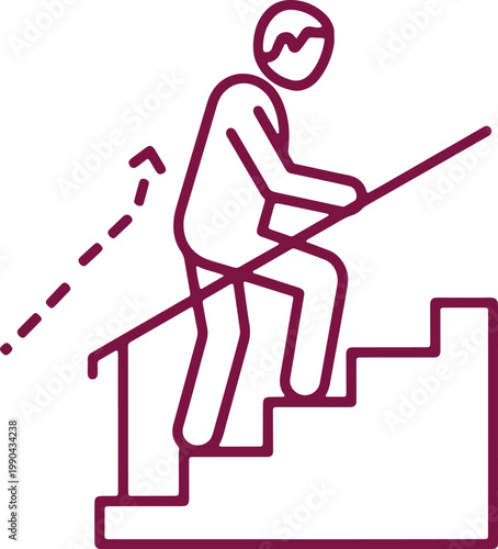 Elderly person climbs stairs with railing for support going up high.
