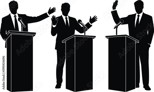 Business speakers at podium silhouettes delivering speeches with microphones presentation scene