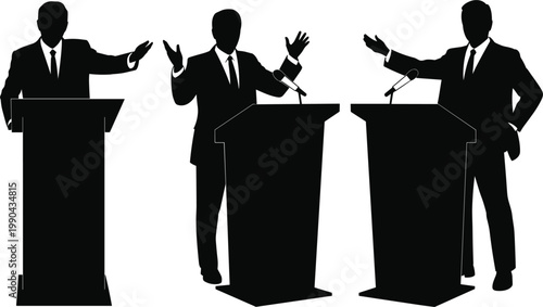 Silhouettes of speakers at podiums gesturing during speeches and public presentations