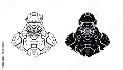 Tactical soldier bust armor icon set representing futuristic military science fiction combat gear in detailed outline and solid styles
