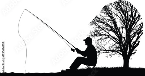 Silhouette of a Fisherman Sitting on Chair Fishing at River Bank Under Large Bare Tree for Outdoor Hobby Concept