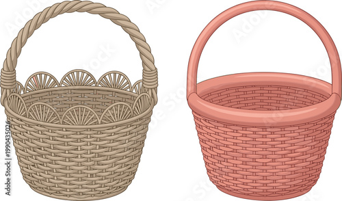 Woven basket set with natural wicker and plastic bucket style baskets isolated on white background for storage shopping and home organization concepts