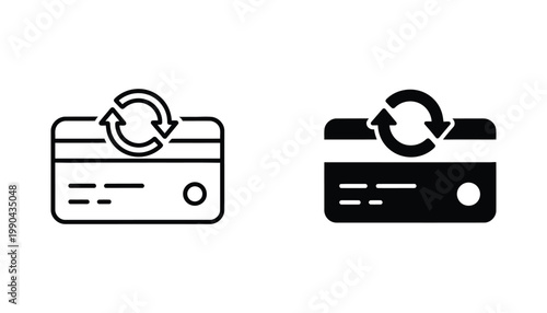 Credit card refresh icon set showcasing financial transaction update and payment method renewal symbols in outline and solid styles