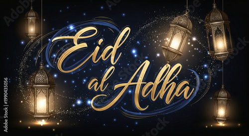 Eid al Adha greeting with lanterns and glowing particles Islamic holiday celebration festive background for Mu