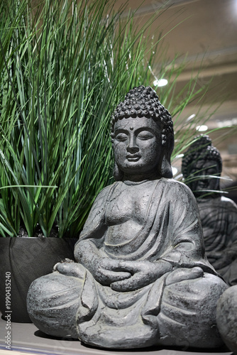 Buddha statue sits among green plants in a shop setting during daytime