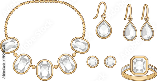 Gold and gemstone jewelry collection featuring necklace earrings studs and decorative ring