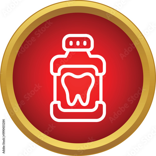 Oral hygiene product represented by a bottled liquid aiding in dental health on a red background