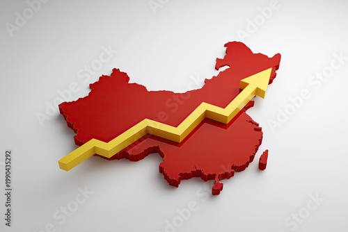 A three-dimensional map of China, colored bright red, displays a prominent upward-pointing yellow arrow signifying economic growth and development.