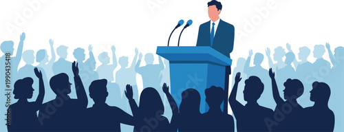 Politician delivering speech at podium with crowd raising hands public gathering
