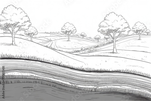 Black and white line drawing of a landscape with hills trees and visible soil layers in the foreground.