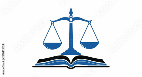 Scales of justice and open book icon with blue balance beams for law education and legal services featuring courtroom, equity, knowledge with reading