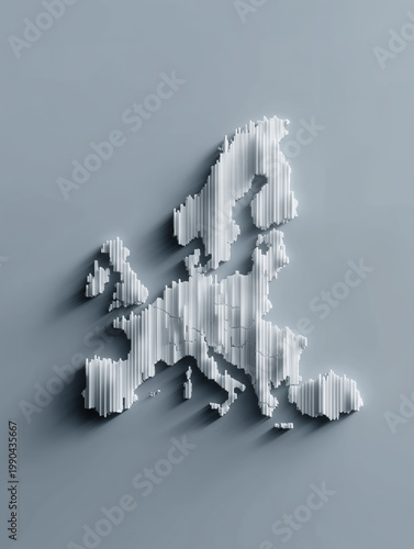 Detailed three-dimensional white relief sculpture depicts entire European continent map on neutral gray background.