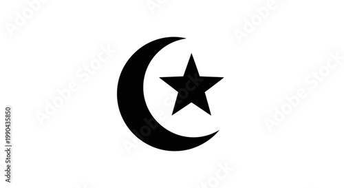Eid ul Adha Islamic crescent moon and star symbol, black vector icon, lunar cycle element, celestial body isolated on White Background vector