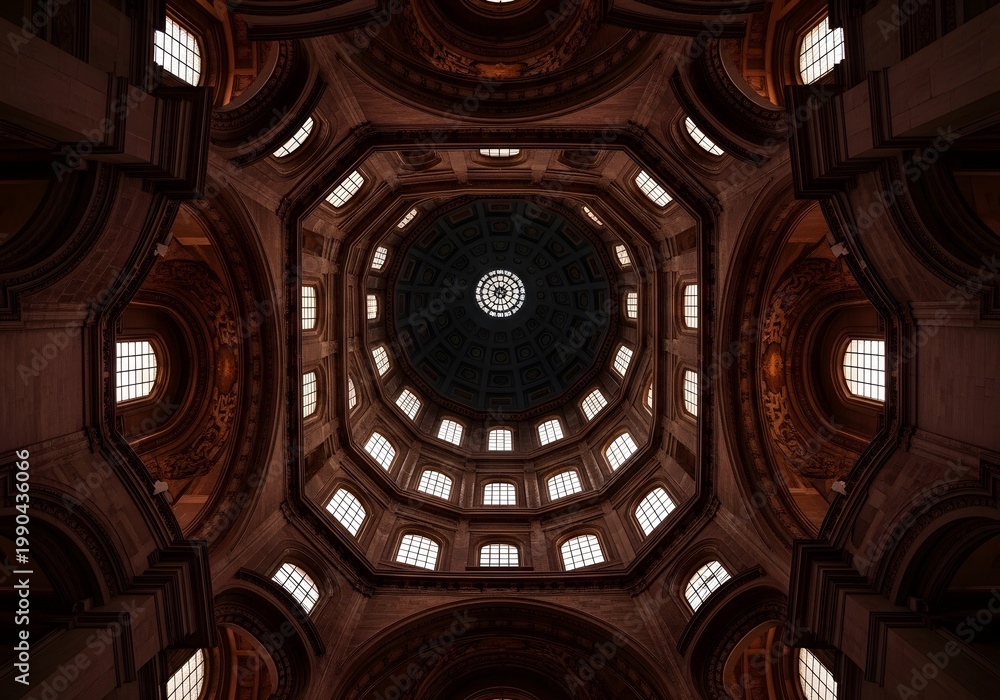 Naklejka premium Majestic architectural perspective looking upward through a grand, ornate dome featuring repeating arched windows and intricate structural elements bathed in warm, ambient light