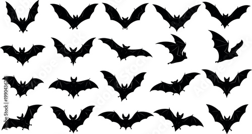 Bat silhouette collection with flying wing poses isolated on white background for halloween design spooky themes and dark wildlife illustration use