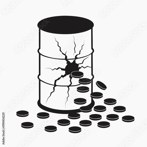 Cracked oil drum, leaking coins, black and white vector, industrial barrel, money spill