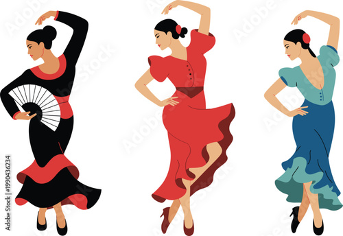 Flamenco dancers in traditional dresses performing expressive Spanish dance poses illustration