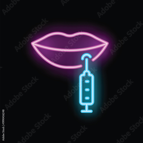 Neon sign representing a syringe injecting hyaluronic acid into lips for cosmetic purposes