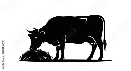 Eid ul Adha Black cow silhouette, grazing animal, farm livestock, vector icon isolated on White Background vector