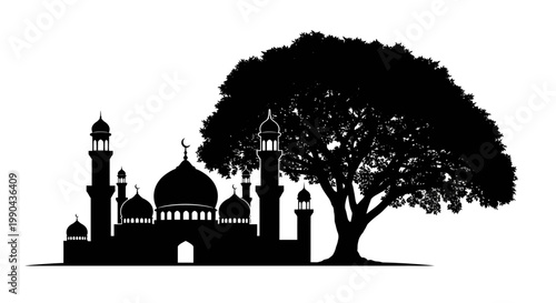 Eid ul Adha Black silhouette mosque, tree, Islamic architecture, vector illustration, landmarks, monuments isolated on White Background vector