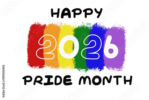Colorful rainbow brush strokes background with bold Happy 2026 Pride Month text, celebrating diversity, equality, and LGBTQ+ pride in a modern, vibrant and artistic style