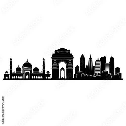 A black and white vector graphic illustration of the New Delhi skyline featuring iconic landmarks