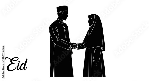 Eid ul Adha Eid Mubarak, Muslim Couple Greeting, Islamic Celebration, Black Silhouette Icons isolated on White Background vector