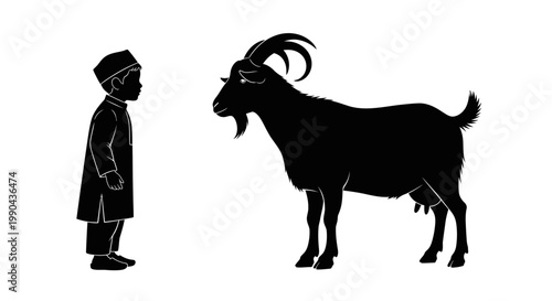 Eid ul Adha Black silhouette, goat and boy, animal illustration, kids and pets, farm animals isolated on White Background vector