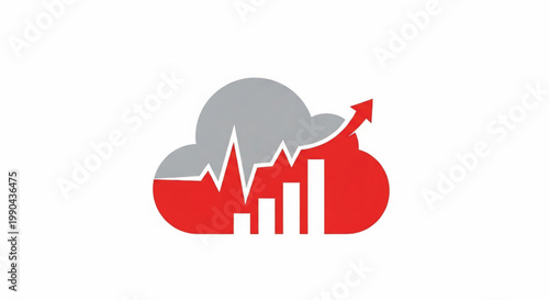 Cloud computing concept with red analytics graph and upward arrow over gray and red cloud icons featuring growth, chart, statistics with business