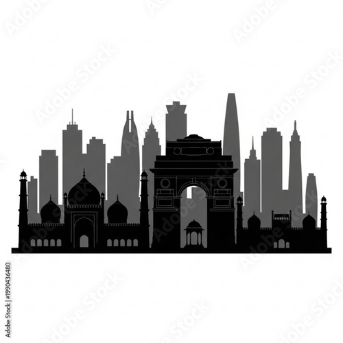 A black and gray silhouette of the Mumbai city skyline with Gateway of India and modern skyscrapers
