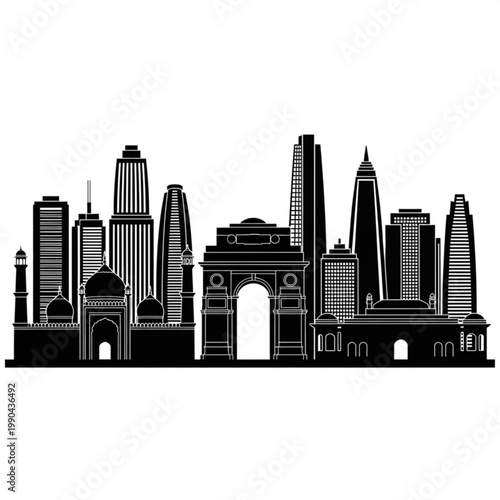 A black and white vector graphic illustration of a city skyline with a mix of modern and historic buildings