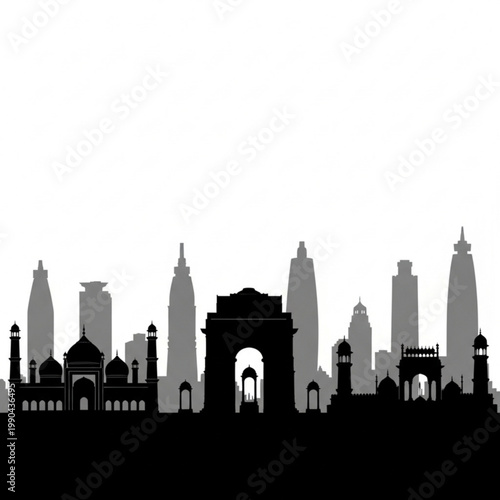A black and gray silhouette of the New Delhi city skyline featuring famous landmarks like India Gate and Jama Masjid