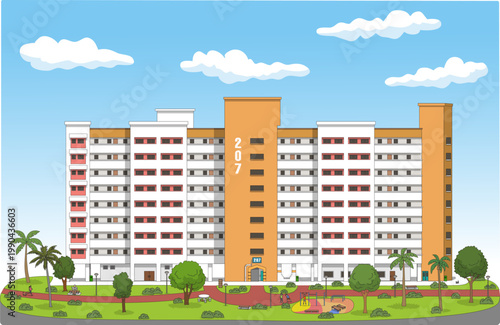 Singapore's HDB block with clean white walls and orange accents rises against the sky, while greenery, palm trees, and a workout area create a lively, welcoming estate below.