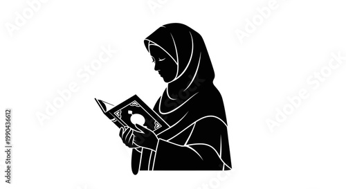 Eid ul Adha Muslim woman, hijab, reading, book, black silhouette, vector icon isolated on White Background vector