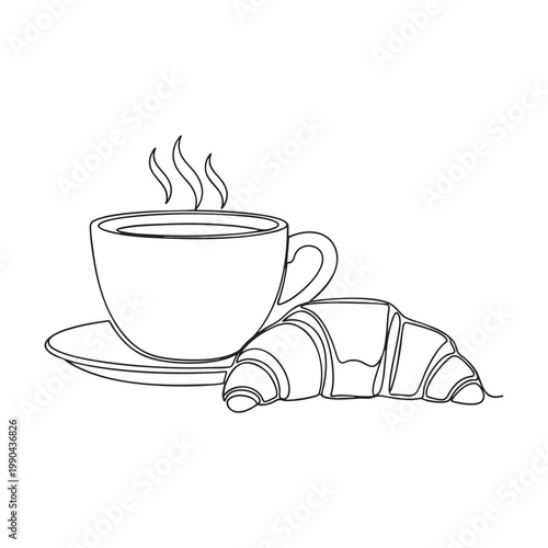 Continuous line drawing of coffee cup and croissant