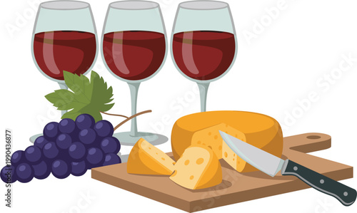 Wine glasses with grapes and cheese board illustration gourmet food and drink