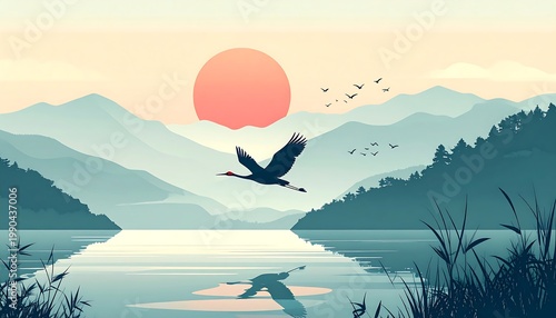 Crane flying over lake.