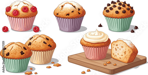Delicious Cupcakes with Creamy Frosting and Chocolate Chips, Fluffy Cupcakes with Raspberries, Assorted Muffins with Toppings,  Sweet Cupcake Treats with Fruit and Chocolate
