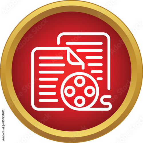 Film script document icon featuring a film reel on a red and gold background
