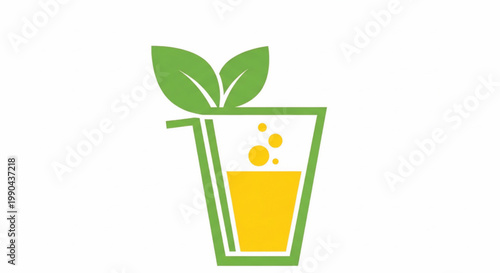 Green plant sprout in a cup with yellow liquid drops icon for eco friendly drink concept branding featuring recycling, sustainability, organic with