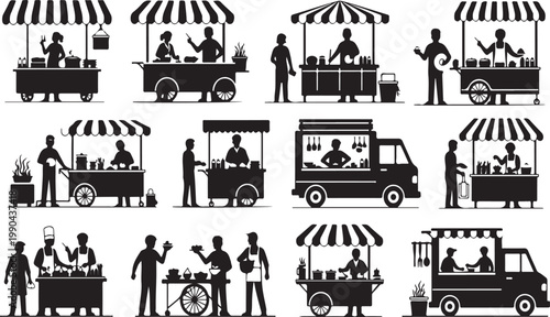 Collection of black silhouette illustrations of people working at various food carts and trucks on a white background