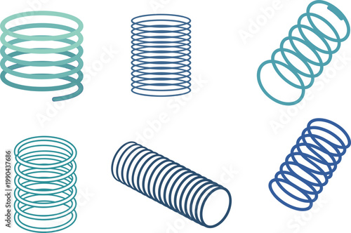 Metal springs set, coil spiral shapes collection for mechanical engineering, industrial vector illustration design