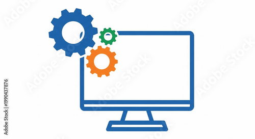 Computer screen with blue desktop icon and connected gears representing software engineering and system automation