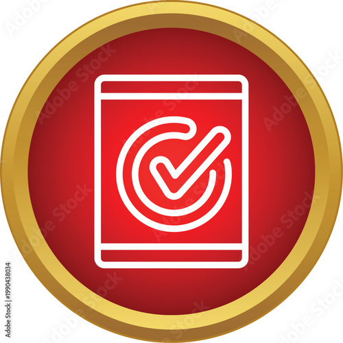 Outline check mark icon inside a circle button on a red background with golden frame