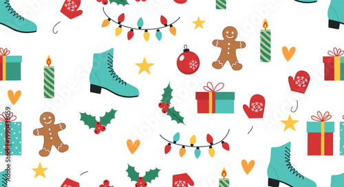 Christmas seamless pattern with gifts gingerbread boots lights and winter decorations isolated on white background for holiday wrapping paper and festive design