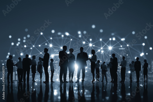 A group of businessperson silhouettes stands on a reflective surface against a city skyline illuminated by a network of connecting lights.