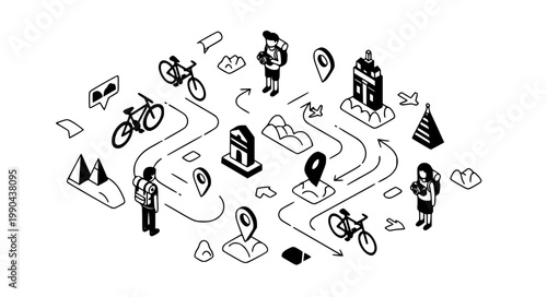 Isometric travel and tourism vector set with world landmarks navigation pins tourists and bicycles for global vacation map design