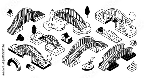 Isometric Arched Bridge Icon Set with Various Architectural Designs and Nature Landscape Elements for Urban and Rural Infrastructure.